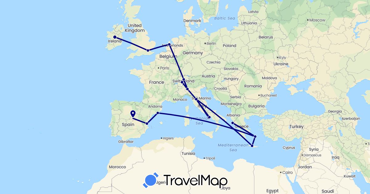 TravelMap itinerary: driving in Switzerland, Spain, United Kingdom, Greece, Ireland, Italy, Netherlands (Europe)